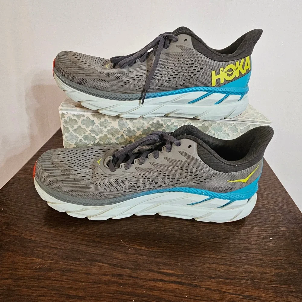 Hoka One One Clifton 7 Mens Running Shoes Grey Blue Yellow 1110508 WDDS Size 11